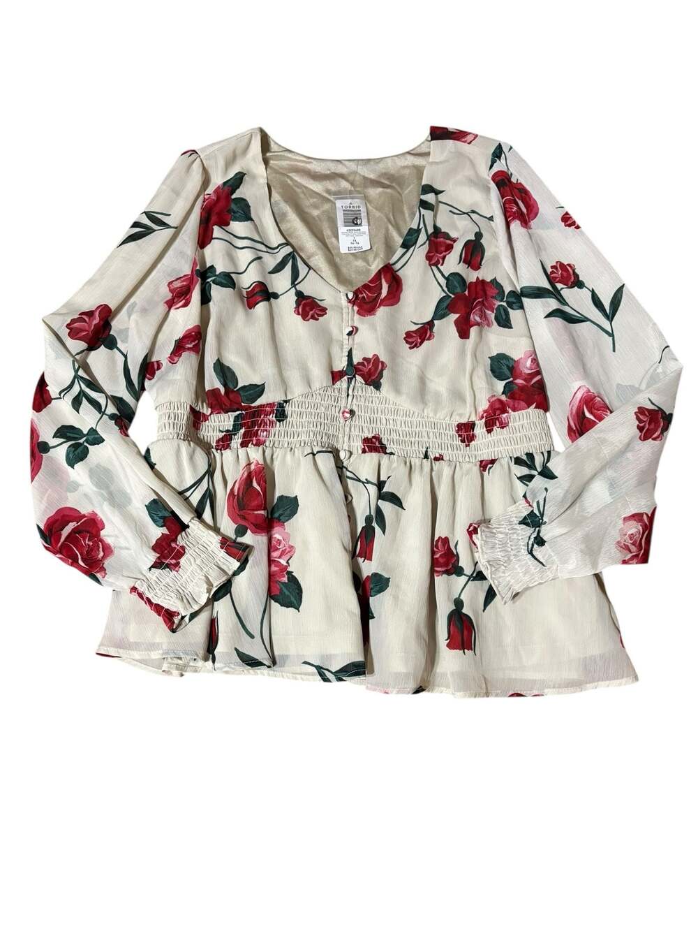 Torrid Chiffon Button Front Smocked‎ Waist Blouse in Toro Roses Floral Sandstone